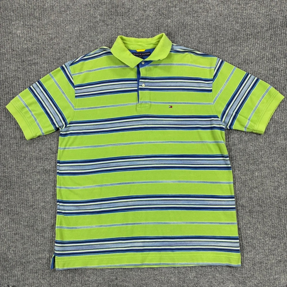 Tommy Hilfiger Mens Size XL Green Blue Striped Polo Shirt Short Sleeve Cotton